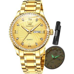 Olevs Men's Gold Steel Golden-Dial Waterproof Stainless Luminous Stylish Watch
